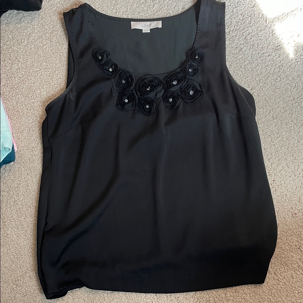LOFT Black Floral Applique Sleeveless Shell